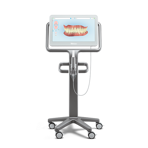 Digital intraoral scanner displaying a 3D scan of a patient's teeth